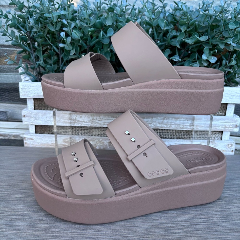 Crocs Women's Brooklyn Buckle Low Wedge Sandals in the color latte